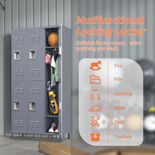 Storage Locker Cabinet, with 6 Doors and Lock, Gray, Durable & Easy to Maintain, for Living Room, Bedroom, and Kitchen