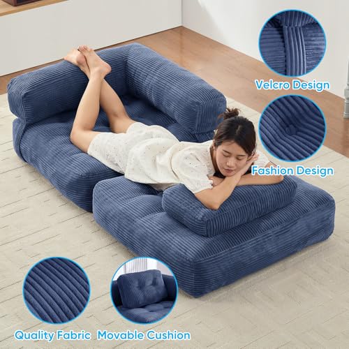 Mjkone 34" W Folding Sofa Bed, Convertible Sleeper Chair with Cushion Foldable Mattress with Armrest, Portable Fold Out Chair Comfy Floor Sofa Lounge for Living Room Bedroom Office, Navy Blue