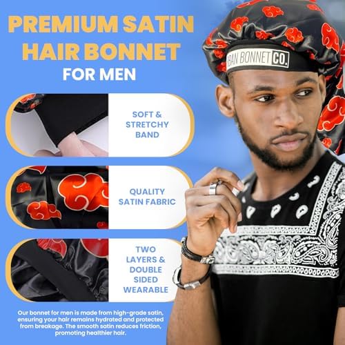 Premium Non Slip Satin Bonnet for Men Curly Hair, Dreadlock Loc Cap Silk Double Layer Sleeping & Shower Wrap Anime Soft Band