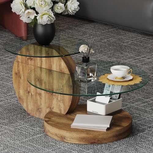 JCXINMZILY 35 Inch Glass Coffee Table，Round Coffee Table with 2-Tier Tempered Glass Tabletop，Easy to Clean Circle Coffee Table with Sturdy Base for Living Room，Office （Brown Colored Base）