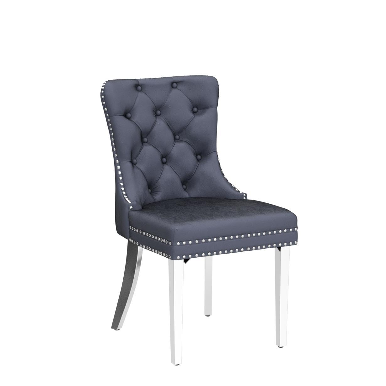 GOOLON Dining Room Chairs Set of 2, Tufted Velvet Chairs with Modern Stainless Steel Legs, Rivet Trim Metal Pull Ring Large Back for Kitchen Dining Room Restaurant, Dark Gray