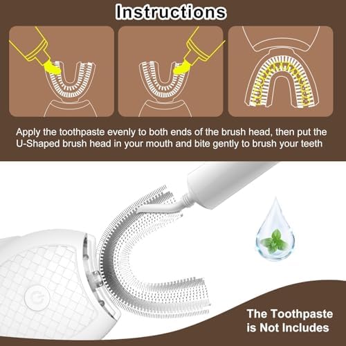 Electric Toothbrush for Adults, U Shaped Automatic Toothbrush for 360-degree Cleaning, 3 Modes for Whitening, Wireless Charging Kit for Travel or Home(White)