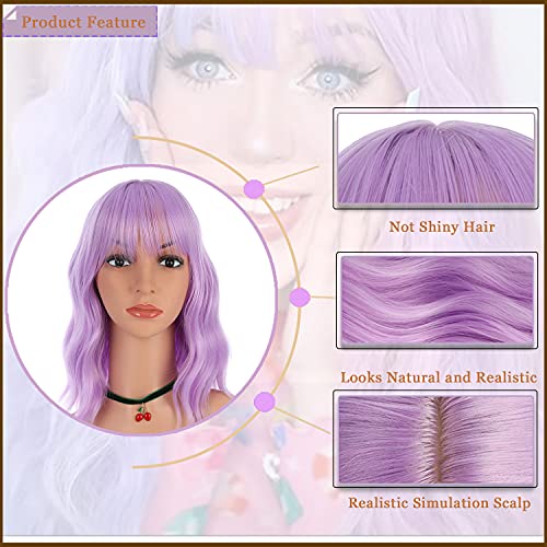 eNilecor Lavender Purple Wig Short Colorful colored Curly Wavy Synthetic Bob Wigs with Air Bangs 14" Natural Wigs for Women