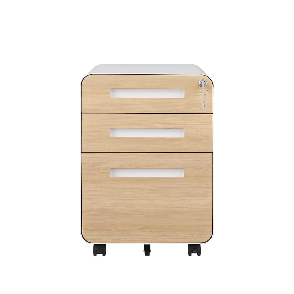 CuisinSmart 3 Drawer Mobile File Cabinet with Lock, Small Filing Cabinets 5 Wheel Anti-Tilt Design Rolling File Cabinet Fully Assembled (Except Casters) for Home Office Orange (White Natural)