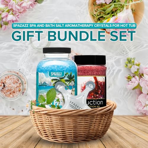 Spazazz Spa and Bath Salt Aromatherapy Crystals for Hot Tub - Gift Bundle Set The Mood Love Potion #9 Seduction 17oz - Destinations Hawaii Aloha Paradise 22oz with 5 Point Full Body Massage Tool