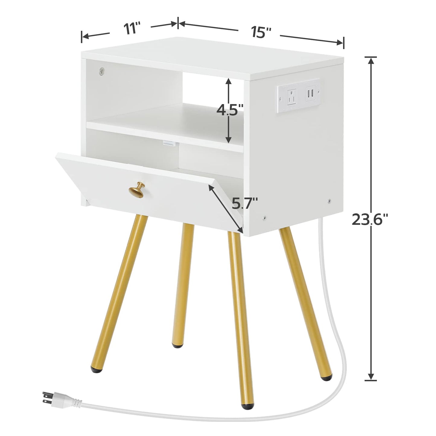 HOOBRO Nightstand with Charging Station, Side Table with USB Ports and Outlet, End Table for Tight Spaces, Solid and Stable, for Office, Bedroom, Study, White and Gold DW88UBZ01