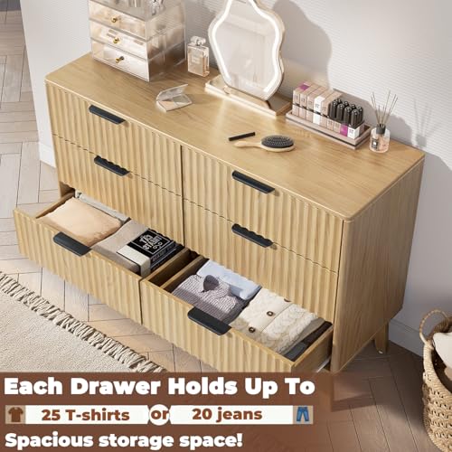Butinsx Modern 6 Drawer Dresser, Natural Oak, Fluted Wave Design, Rounded Corners, Dresser TV Stand, 48" Wide Chest of Drawers for Bedroom and Living Room