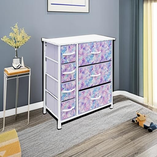 Sorbus Kids Dresser with 7 Drawers - Storage Chest Organizer Unit with Steel Frame, Wood Top & Handles, Tie-dye Fabric Bins for Clothes - Wide Furniture for Bedroom Hallway Kids Room Nursery & Closet