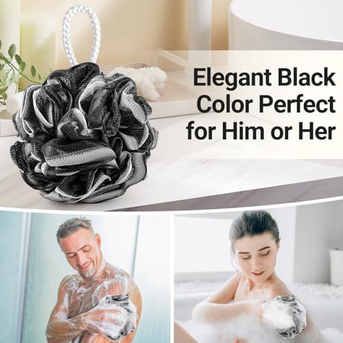 XXL 90g Charcoal Shower Loofah 3 Pack by Tilcare - Perfect Bath Sponge for Exfoliating for Men & Women - Body Scrubber Brush for Cleansing and Smooth Skin - Scrubbies That Remove Excess Oil and Dirt
