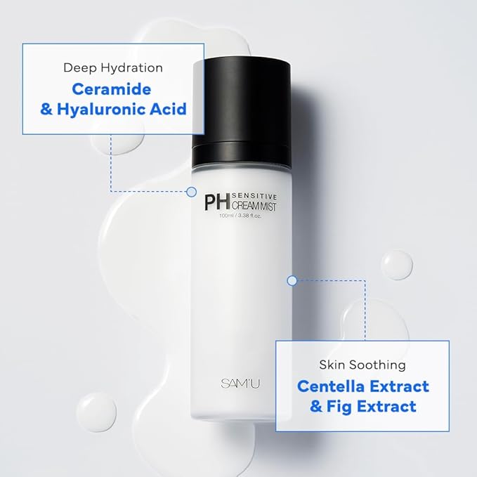 SAM'U PH Sensitive Cream Mist, Ceramide Face Mist, Hypoallergenic Facial Spray with Hyaluronic Acid & Centella, Hydrating & Quick Absorbing, Korean Skin Care for Dry & Sensitive Skin, 3.38 Fl. Oz