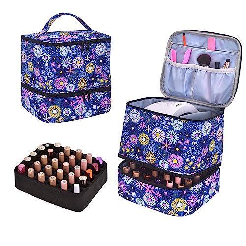 Upgraded Nail Polish Organizer Case - Holds 30 Bottles and 1 Nail Light, Double-layer Nail Bag Organizer Case Nail Polish Storage Bag with Handles (Style B-Flower)