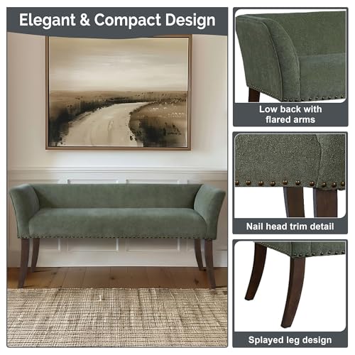 Madison Park Accent Bench, Plush Upholstered, Nailhead Trim, & Padded Seat Entryway Bench Small, End of Bed Bench with Back, 49.5" W x 19.25" D x 23" H, Green