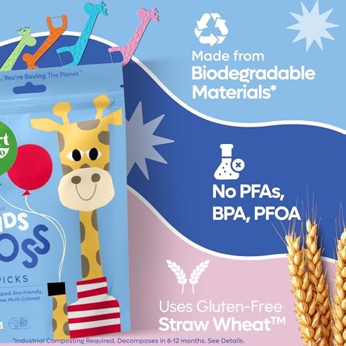 SmartLifeco Biodegradable* Kids Flossers - Unflavored Dental Floss Picks for Children, Fluoride & PFA Free, Straw Wheat Fun Animal Flossing Sticks for Toddlers Teeth, Eco Friendly Compostable*, 200x