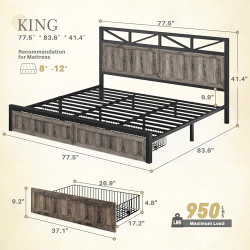 Homkdom King Bed Frame with 2 Storage Drawers and LED Lights, King Size Bed Frame and Headboard Built in Charging Station,Noise-Free,Easy Assembly, Grey