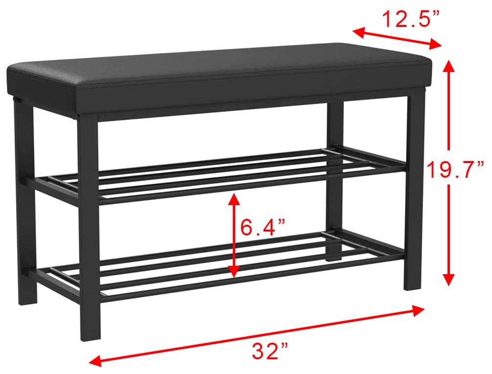 Finnhomy Entryway Shoe Rack with Cushioned Seat, Shoe Bench for Entry, 2 Shelves Storage Bench w/Faux Leather Top Bed Bench, Black