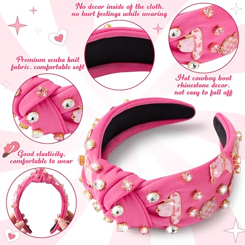 PANTIDE Western Jeweled Knotted Headband - Cowgirl Boots Hat Rhinestone Crystal Embellished Headband Wide Top Knot Fashion Hairband Hair Accessories Birthday Gift for Cowboy Women Girls (Hot Pink)