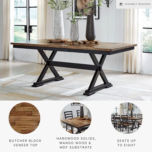 Signature Design by Ashley Wildenauer Farmhouse Dining Extension Table with Self-Storing Butterfly Leaf for 6-8 People, Black & Dark Brown