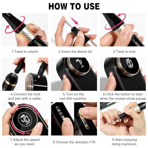 YOKE FELLOW Nail Drill Machine - 40000 RPM Electric Nail File Nail Drills for Acrylic Nails Professional with 12 Drill Bits Manicure Pedicure Polishing Nail Drill for Home Use