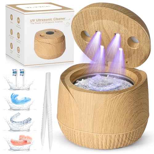 Ultrasonic Retainer Cleaner Machine - 45kHz Ultrasonic Cleaner Deep Cleaning for Mouth Guard, Denture, with UV, Digital Timer, 200ml Dental Cleaning Tank, Wood grain,2 Modes,Quiet & Safe Design