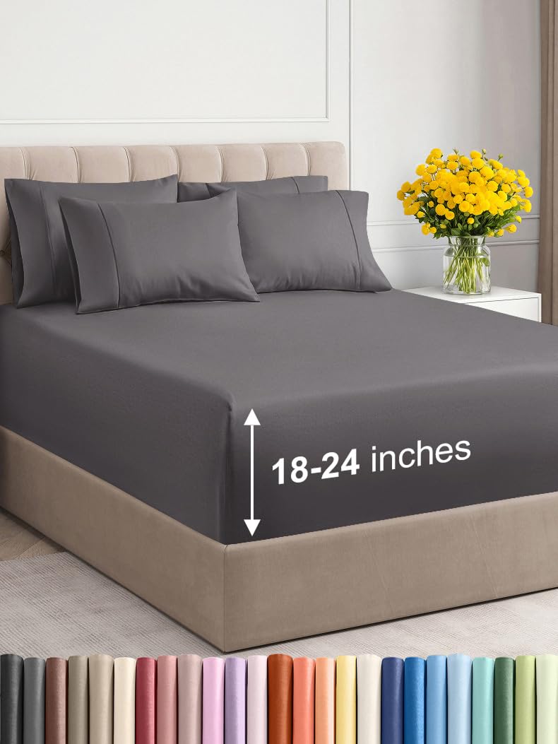 Extra Deep Queen Sheet Set - 6 Piece Breathable & Cooling Sheets - Hotel Luxury Bedding Set w/18-24 Inch Extra Deep Pockets - Easy & Secure Fit - Super Soft, Wrinkle Free and Comfy - Grey, Queen Size