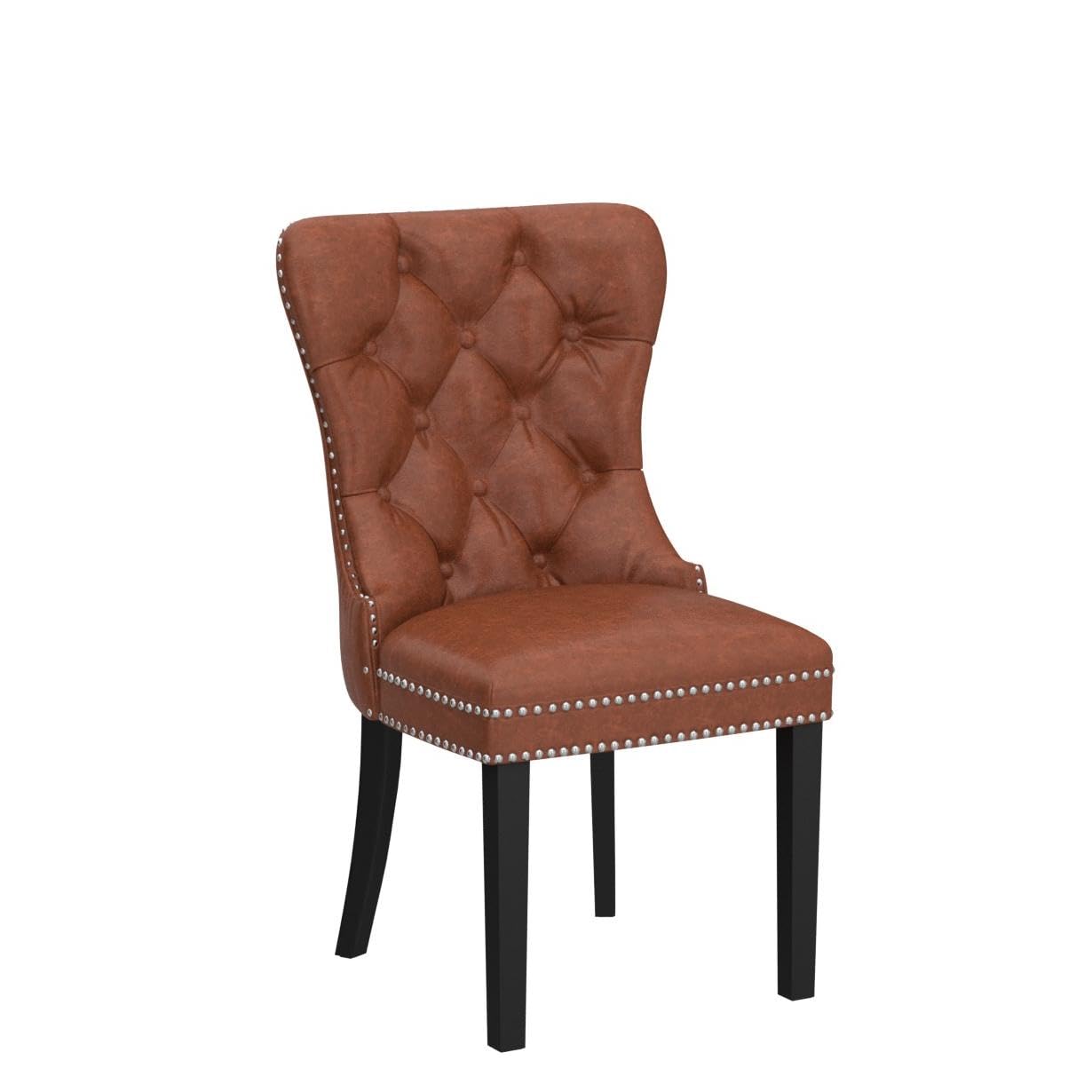 CIMOTA Brown Leather Dining Chairs Set of 2 Mid Century Modern Dining Room Chairs Tufted Upholstered Kitchen Dining Chairs Comfortable Side Chairs with Nailhead Trim/Ring Back (PU /2PCS)