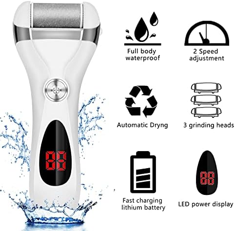 Electric Foot Callus Remover Kit, Elmchee Rechargeable Callous removers 3 Grinding Heads Waterproof Foot Scrubber File, Professional Pedicure Tools kit Feet Care for Dead, Cracked Dry Skin