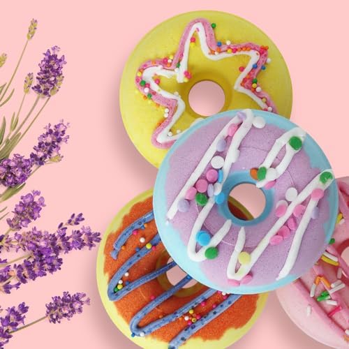 KAV Bath Bombs, 4 Donut Bath Bomb Gift Set, Natural Organic Bubble Bathbombs for Women, Gifts Stocking Stuffers Christmas Easter Self Care Gift Set for Ladies Girls Kids - 4 Scents