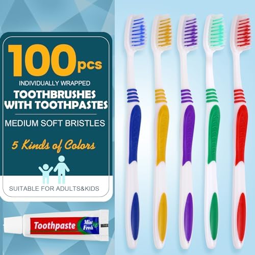 Navona 100 PCS Disposable Toothbrush with Toothpaste Bulk, Travel Toothpaste, Bulk Toothpastes, Individually Wrapped Bulk Toothbrush, Ergonomics Handle,Medium Soft Bristle, Perfect for Travel, Hotel