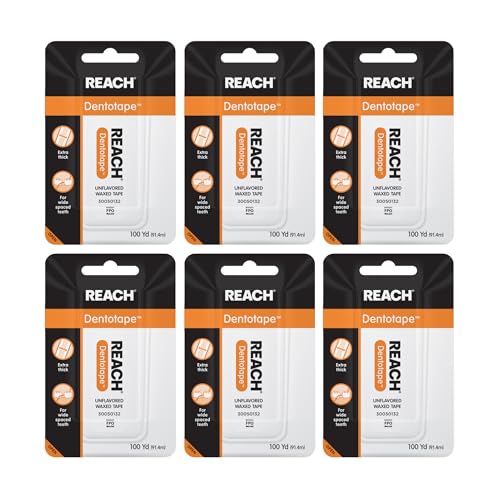 REACH Dentotape Waxed Dental Floss Tape, Unflavored, Extra Wide Floss, Shred & Frey Resistant, Plaque Remover for Teeth, Easy on Gums & Teeth, Oral Care, PFAS Free, for Adults & Kids, 6 Pack, 100 yd