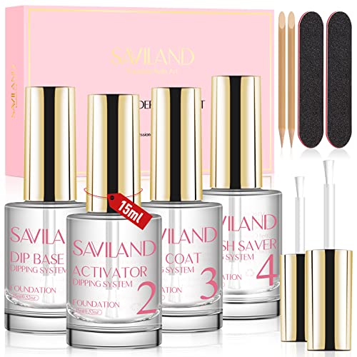 SAVILAND Dip Powder Liquid Set 15 ml/0.5 oz,10 Pcs Nail Dip Liquid Set with Base/Top Coat, Activator Brush Saver Acrylic Gel Nail File No Curing Needed DIY Home Salon Quality