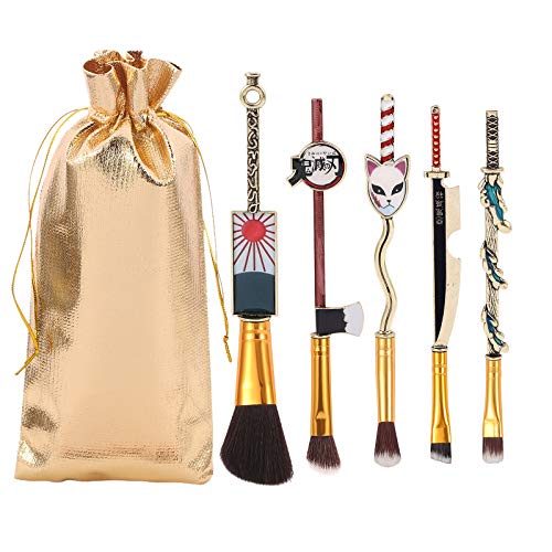 Demon Anime Makeup Brushes Set - 5pcs Kimetsu Yaiaba Peripheral Makeup Brushes Nezuko Tanjirou Metal Handle Makeup Tools Gift for Fans