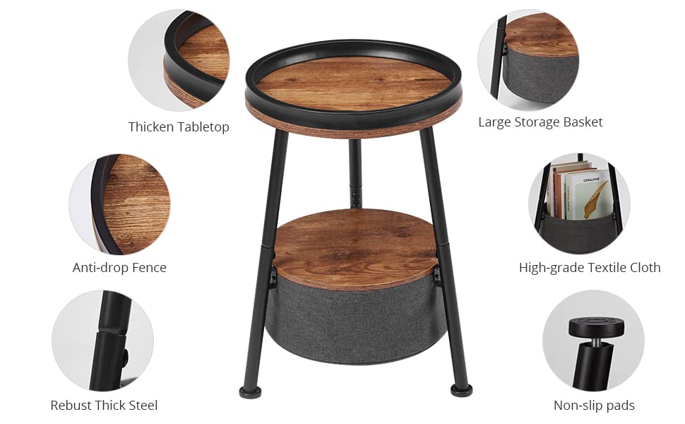 LEMONDA Small Round End Table, 2 Tier Round Side Table with Storage Basket,11.8”D*17.8”H Small Round Table,Sofa Side Table,Small Round Nightstand for Living Room Bedroom