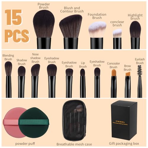 Travel Makeup Brush Set, 15 pcs Mini Makeup Brushes and 2 Puff for Foundation, Powder, Eyeshadow, Highlight, Contour, Blush & Concealer, Small Makeup Brush Set Purse Size with Case
