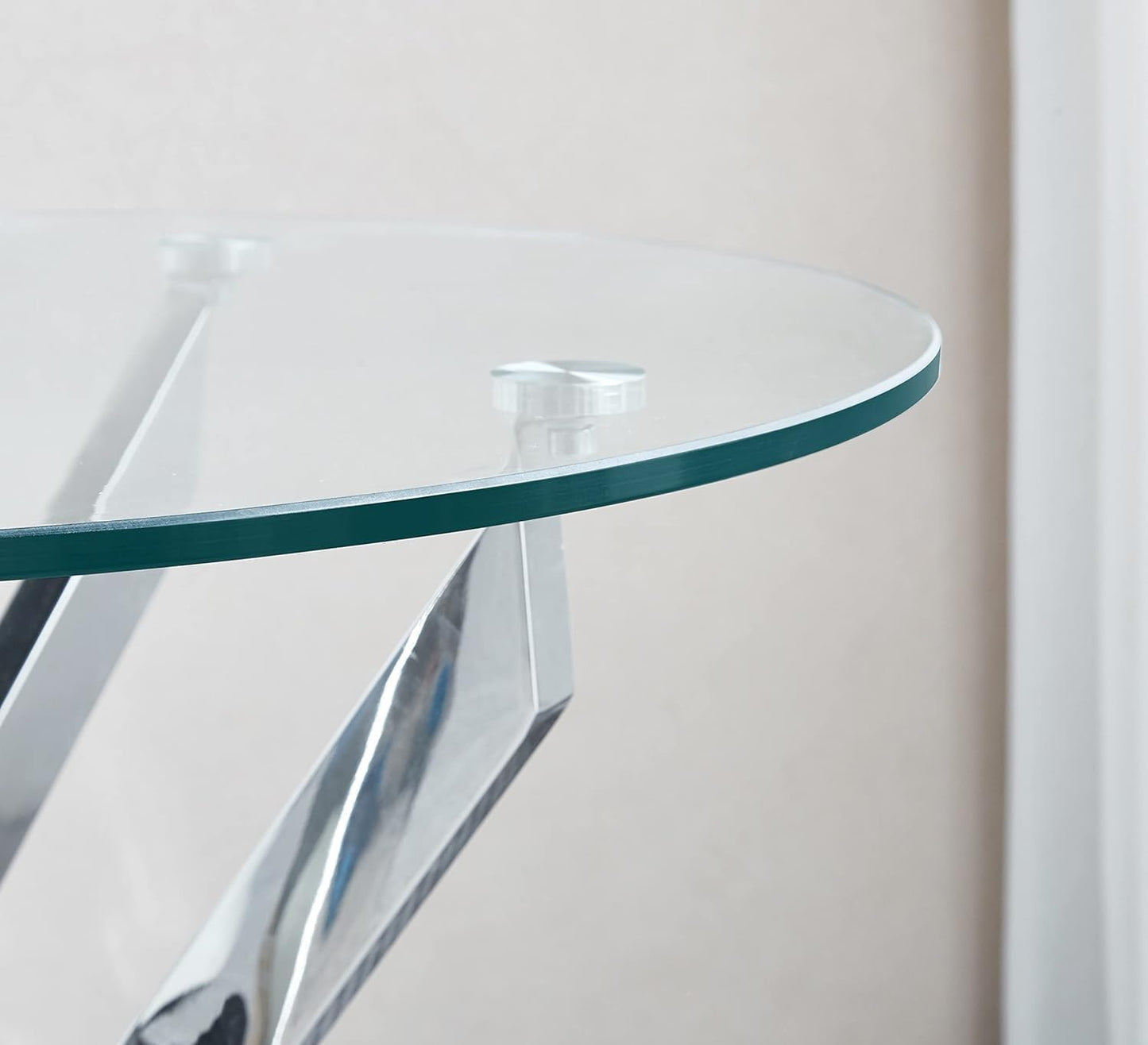 KUVADAZ Round Coffee Table with Silver Mirrored Stainless Steel Base, Tempered Glass Center Tables Modern Coffee Table, Clear Circular Living Room Cocktail Table for Home Office