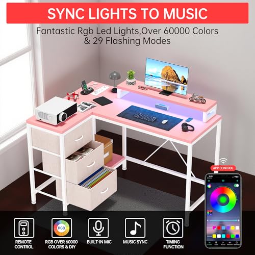 L Shaped Computer Desk with Power Outlets LED Lights Drawers Shelves Corner Gaming Desk Home Office Workstation Modern Ergonomic Design