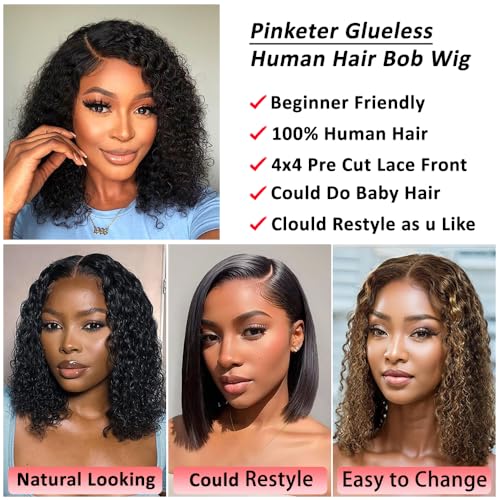 Wear and Go Bob Wig Human Hair Deep Wave Glueless Wigs Pre Plucked Pre Cut 4x4 Lace Closure 180% Density Ready to Wear Bob Wigs for Black Women Beginner Friendly (Curly Bob Wig, 12inch)