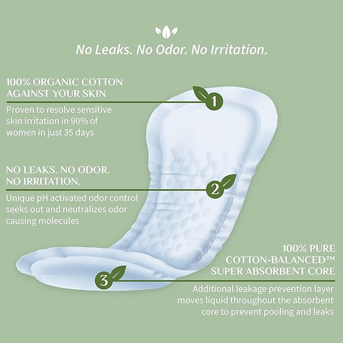 Organyc – 100% Organic Cotton Inside and Out Light Incontinence Pads for Bladder Leaks, FSA/HSA Eligible, Ultimate Flow, 14 Count