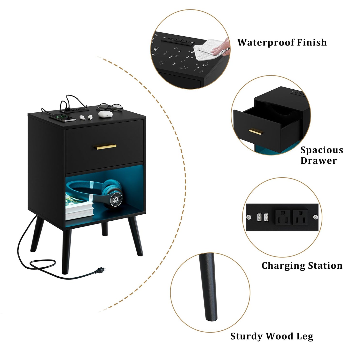 Aienvey Nightstand with Charging Station and LED Lights, Small Side Table, Bedside Table with Drawer, Modern Night Stand, End Table for Bedroom, Living Room (Black)