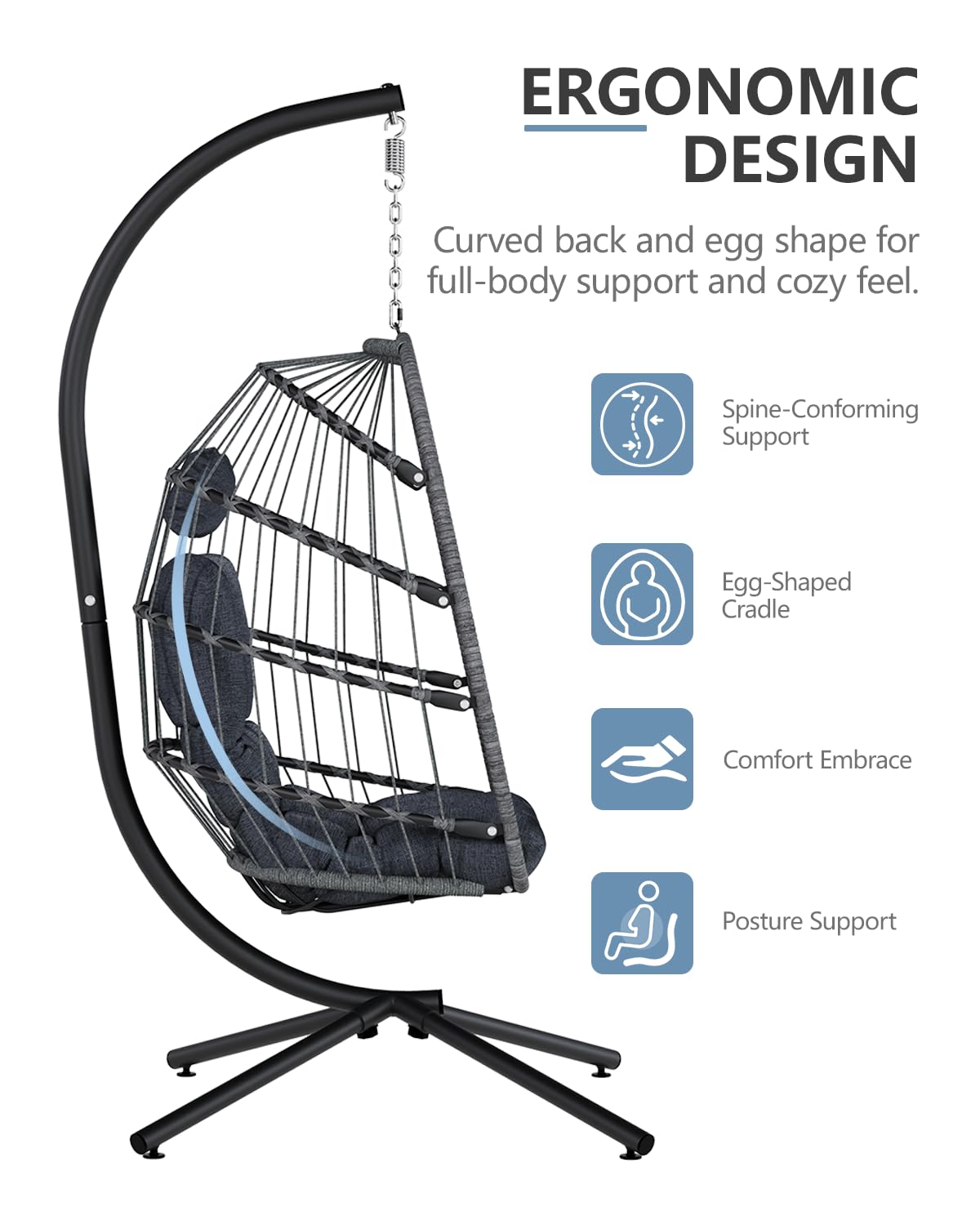 SWITTE Egg Chair Outdoor with Stand, Indoor Wicker Hanging Egg Swing Chair with Cushion, 350lbs Capacity for Patio, Bedroom, Garden - Gray