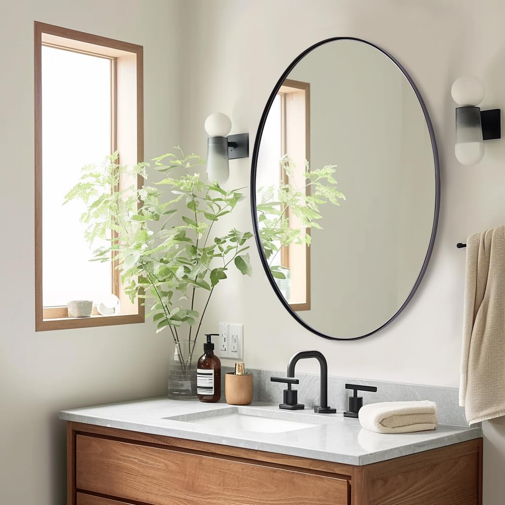 ANDY STAR Black Oval Mirror, 22x30 Oval Black Bathroom Mirror, Oval Vanity Mirror Matte Black Oval Mirrors for Bathroom Stainless Steel Metal Frame Pill Mirror Wall Mount Horizontal or Vertical