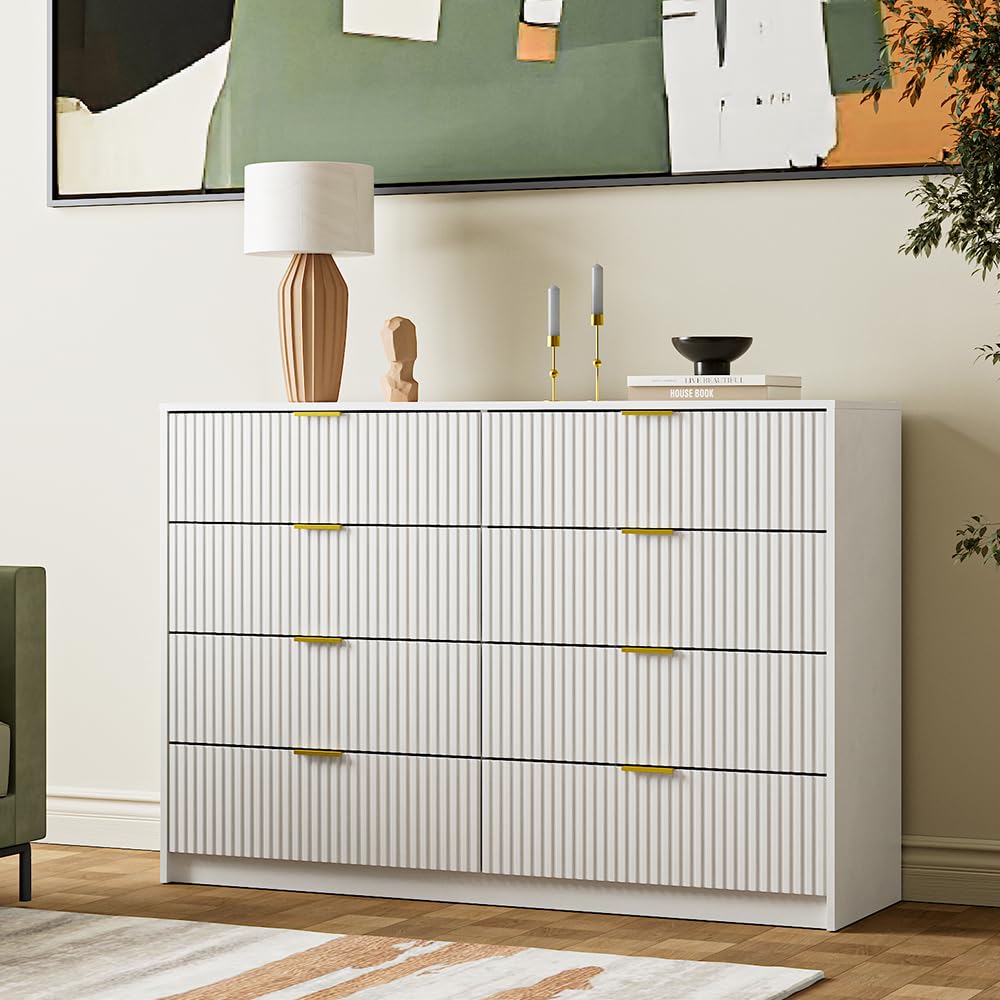 MAISONARIA White Dresser for Bedroom, 8 Drawer Double Dresser, Modern Chest of Drawers for Bedroom, Living Room, Entryway and Closet, 55" L x 15.7" D x 37.4" H