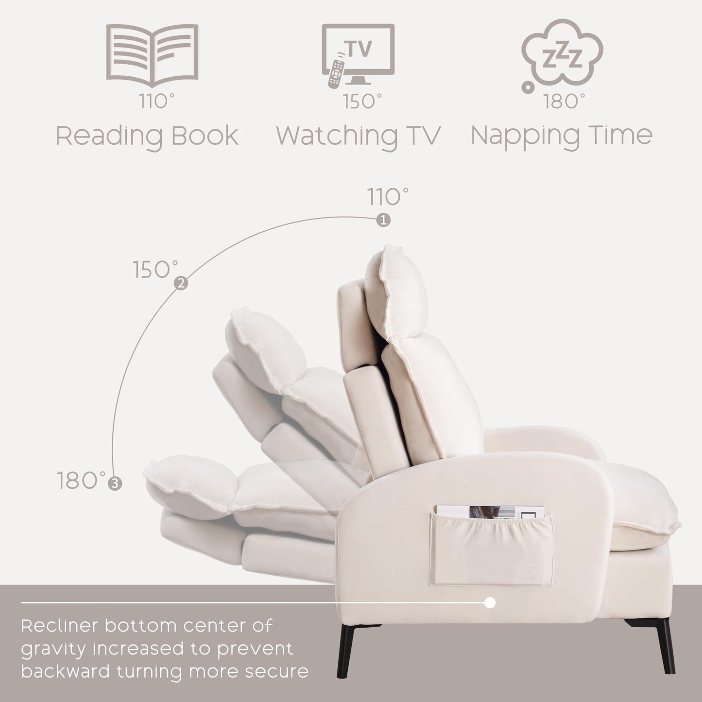 YUUIJOAA Accent Chair with Ottoman, Comfy Reading Chair and Ottoman Set, Modern Velvet Lounge Armchair with Storage and Adjustable Backrest for Living Room Bedroom, Cream