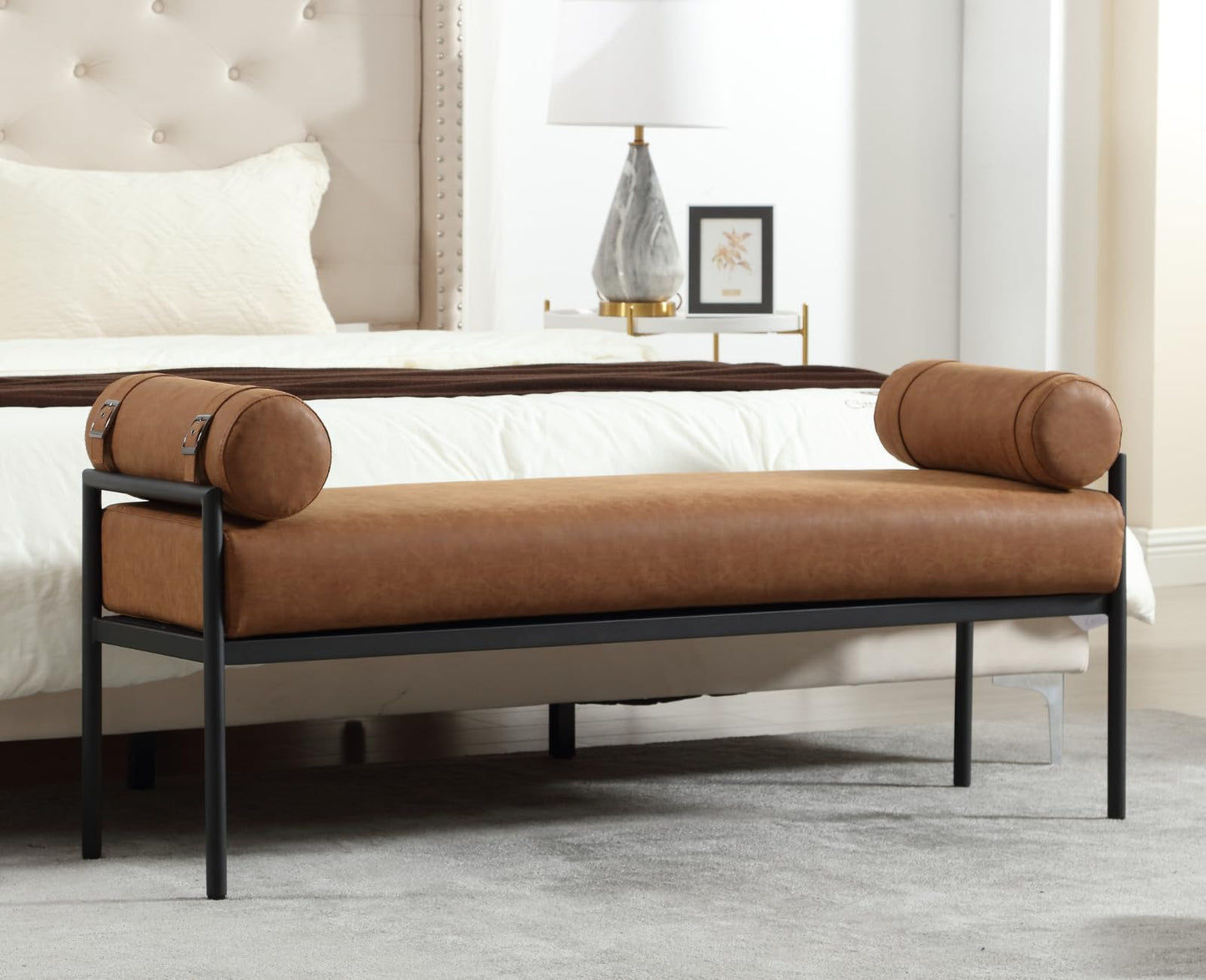 Shunzhi Brown Leather Modern End of Bed Bench Upholstered Entryway Bench with Detachable Cylindrical Pillows/Metal Legs PU Ottoman Bench for Living Room/Bedroom/Hallway/Corner, 55Inch