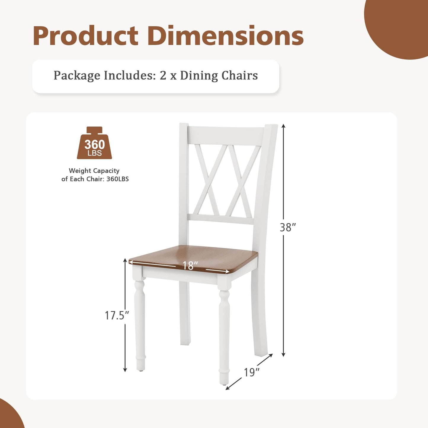 Giantex Dining Room Chairs Set of 2 White, Wooden Farmhouse Kitchen Chairs with Rubber Wood Seat, Acacia Wood Legs, Max Load 360 Lbs, Heavy Duty Wood Armless Dining Chairs with High Back