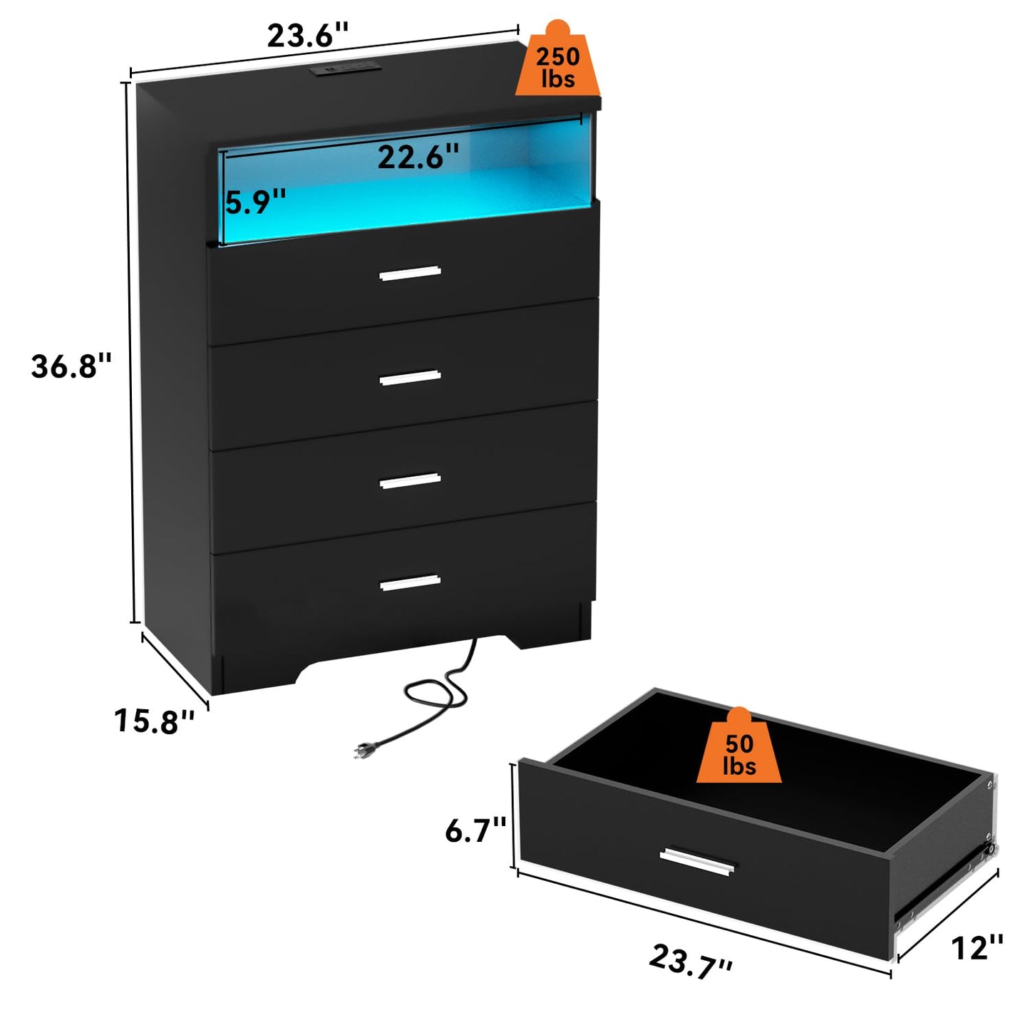 FJTJBSI Dresser with Power Outlets and LED Lights Wooden 4 Drawer Dresser with Large Organizer Tall Black Drawer for Bedroom Modern Chest of Drawers Closet for Living Room Kids Room