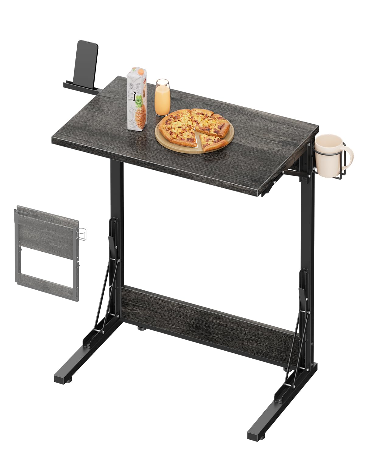 Tatub 24" Folding TV Tray Table, Foldable C Shaped End Table for Couch, TV Dinner Tray with Cup Holder, Small Sofa-Side Laptop Desk for Living Room Bedroom, Dark Gray