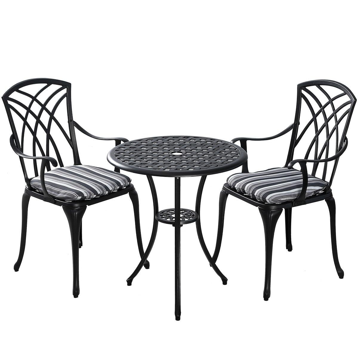 Kinger Home Ekta 24-Inch Patio Bistro Sets 3 Piece Cast Aluminum Bistro Table and Chairs Set with Umbrella Hole Bistro Set of 2 for Patio Backyard, Black
