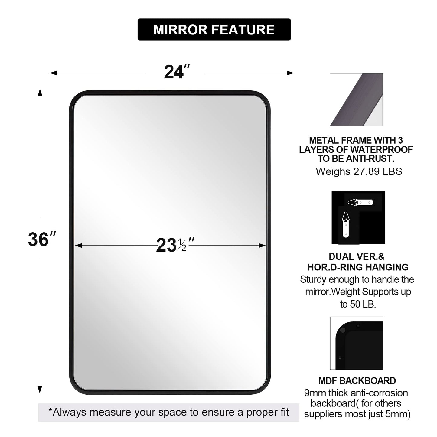 ANDY STAR Mirror for Bathroom 24X36 Inch, Matte Black Mirror, Modern Black Vanity Mirror, Rounded Rectangle Mirror Metal Framed Mirror Wall-Mounted Mirrors Hang Vertically/Horizontally