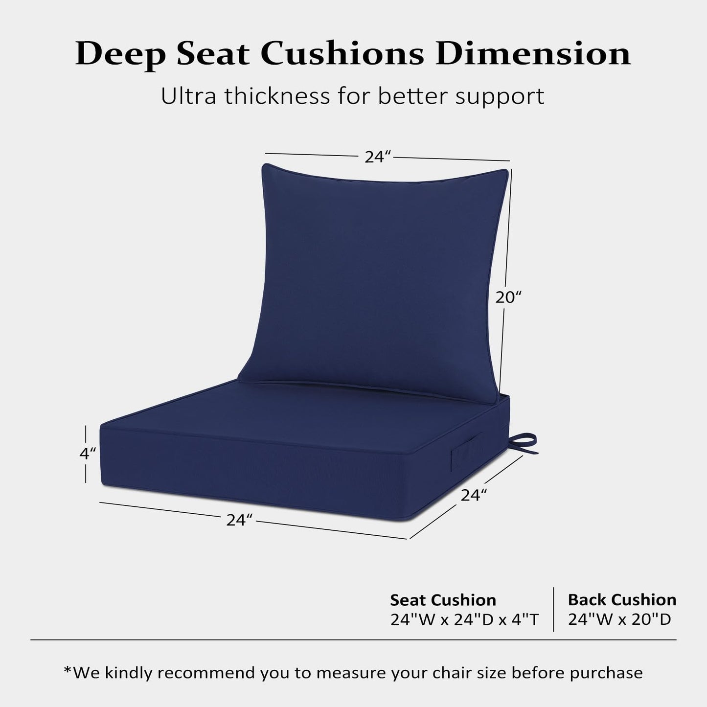 Cozyide Outdoor Chair Cushions 24x24, Washable Patio Furniture Cushions with Removable Cover, Waterproof Outdoor Deep Seat Cushion Set with Non-Slip Ties and Handle, Navy