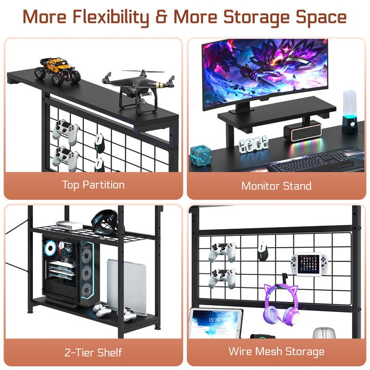 OtterOasis L Shaped Gaming Desk, Reversible Computer Desk with 4-Tier Shelves, Corner Desk with Pegboard, Home Office Desk with LED Lights & Power Outlets Gaming Desk with Storage, Black